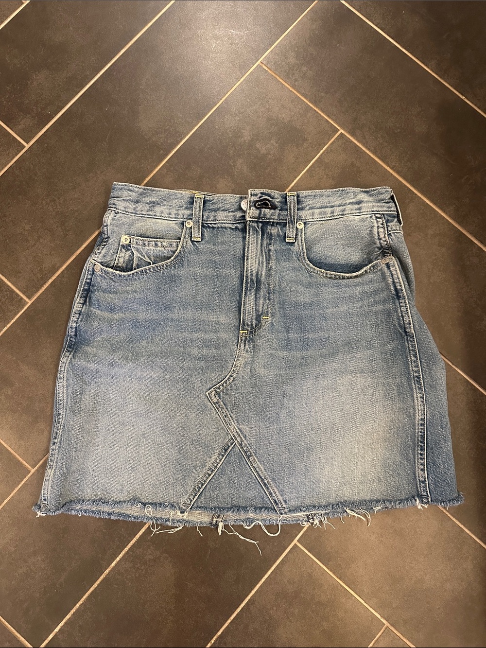 AMO Light Blue Denim Raw-Hem Mini Skirt